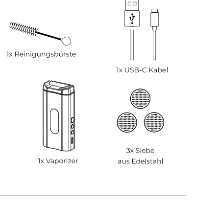 VAPORIZER Verpackung: Vaporizer, Reinigungsbürste, 3x Siebe aus Edelstahl, USB-C Kabel