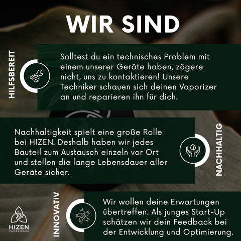 WIR SIND: Hilfsbereit: zögere nicht uns zu kontaktieren: Nachhaltig: Jedes Bautteil haben wir zum Austausch vor Ort; Innovativ: Als junges Start-Up schätzen wir dein Feedback bei der Entwicklung und Optimierung .