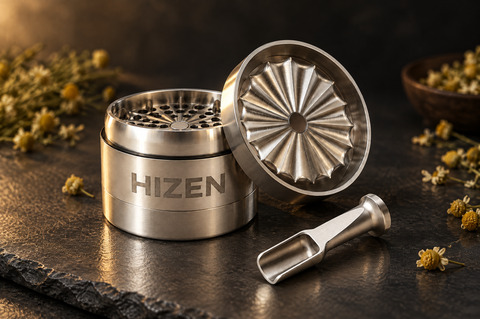 HIZEN Edelstahl Grinder ohne Zähne mit Edelstahl-Dosierlöffel auf Schieferplatte