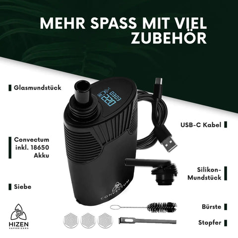 HIZEN Convectum 2.0: Zubehör: Glasmundstück, Convectum inklusive 18650 Akku, Siebe, USB-C Kabel, Mundstück aus Silikon, Bürste und Stopfer. Mehr Spaß mit viel Zubehör